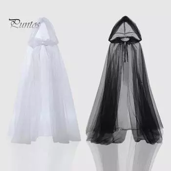 Хэллоуин косплей плащ призрак сетки с капюшоном на шнурке плиссированные длиной до пола готические средневековые накидки костюмы карнавальное пальто M чёрный
