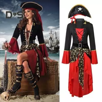 Хэллоуин Косплей Платье Королева Пиратов Танцевальная Вечеринка Сценический Костюм Колокол Рукава Нерегулярный Подол На Шнуровке Ремень С Поясом Талии Платье Викингов M черный белый