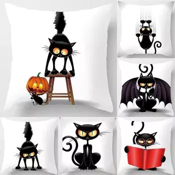Хэллоуин Кот Воздушный Шар Книга Летучая Мышь Тыква Лампа Декоративный Узор Наволочка Гостиная Столовая Диван Плед Наволочка 40x40cm