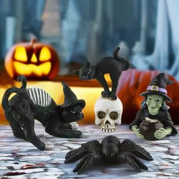 Хэллоуин Креативный Скелет Черная Кошка Ведьма Паук Смола Маленькие Украшения Страшная Статуя Домашнее Украшение На Хэллоуин
