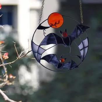 Хэллоуин Летучая мышь Украшение Полая круглая металлическая цепочка Витражное стекло «Ловец солнца» Внутреннее окно Настенный декор Летучая мышь Товары для вечеринок чёрный