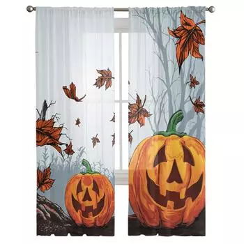 Хэллоуин Листья Тыквы Мертвая Ветка Прозрачные Шторы Украшения Домашнего Окна Вуаль Тюлевые Шторы Для Гостиной Спальни Кухни W135 x H115cm x1