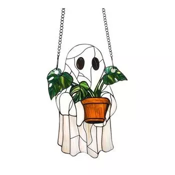 Хэллоуин Ловец солнца Витражное окно Подвесной ловец солнца Акриловый призрак Растение Книжная полка Украшение для окна Настенный декор B