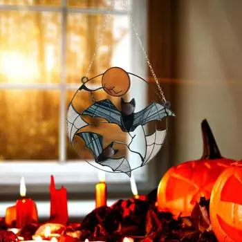 Хэллоуин Лунная Летучая Мышь Подвесное Украшение с Цепью Внутреннее Уличное Настенное Окно Подвесное Акриловое Украшение Жуткая Летучая Мышь Орнамент Подвеска разноцветный