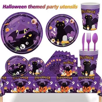 Хэллоуин Маленький Дьявол Черный Кот Узор Столовая Посуда Новая Одноразовая Бумажная Тарелка Для Вечеринки На Хэллоуин Бумажный Стаканчик Флажок Вытягивание Набор 7-inch disc 10pcs