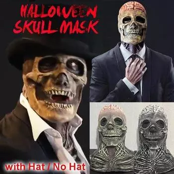 Хэллоуин Маска с черепом на всю голову Хэллоуин Головной убор Шляпа Маска с черепом Подвижная челюсть Жуткий Страшный головной убор со скелетом на всю голову Жуткая биохимическая маска No Hat серый