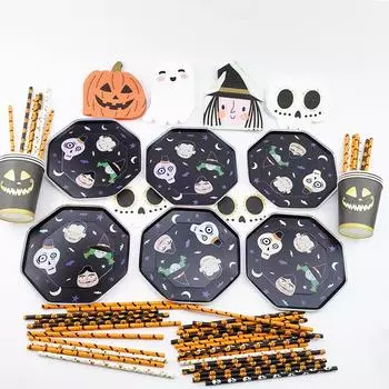 Хэллоуин Мультфильм Тема Скелет Вампир Ведьма Бумажные тарелки Чашки Соломенный баннер Одноразовая посуда Воздушные шары Украшения для вечеринки