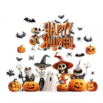 Хэллоуин Наклейка на окно Водонепроницаемый ПВХ Гитара Скелет Призрак Тыква Паук Летучая мышь Статическая наклейка на стекло Праздничное украшение для вечеринки Декаль Sets