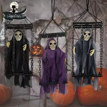 Хэллоуин Наружные украшения Опора Призраки Скелет Анимированный орнамент с освещенными глазами Жуткий смех Съемный Хэллоуин Висячий узник серый