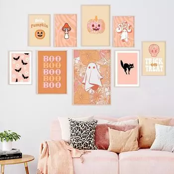 Хэллоуин настенная живопись печать милый пастель ретро холст картина бохо абстрактный тыква призрак плакат картины декор детской комнаты 21x30cm No Framed
