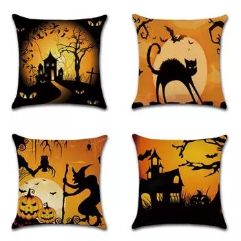 Хэллоуин Ночь Замок Кот Монстр Тыква Фонарь Наволочка с принтом Домашнее украшение Льняная наволочка для дивана Чехол для автомобильной подушки 40x40cm