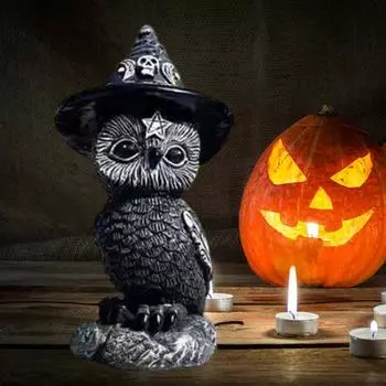 Хэллоуин Ночная Сова Статуэтка Ведьмина Шляпа Ведьма Рог Статуэтка Совы Смола Птица Скульптура Для Комнат C