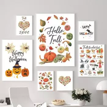 Хэллоуин Осень Холст Картина День благодарения Осенние Плакаты и Принты Акварель Стена Тыква Искусство Картины для Декора Гостиной 21x30cm No Framed
