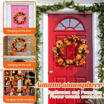 Хэллоуин Осеннее украшение для дома Подсолнух Ягода Дверь Подвесной висячий круг День благодарения Кленовый лист Венок Украшение оранжевый