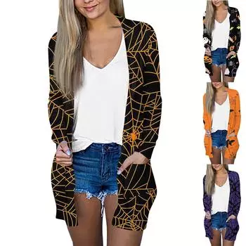 Хэллоуин пальто женская мода винтажный принт средней длины кардиган куртка пальто L шафрановый
