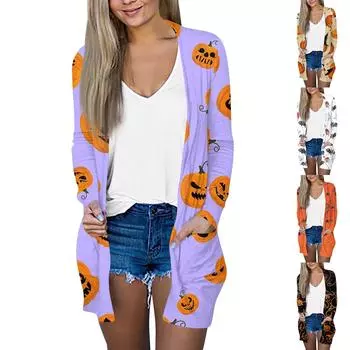 Хэллоуин пальто женская мода винтажный принт средней длины кардиган куртка пальто M оранжевый