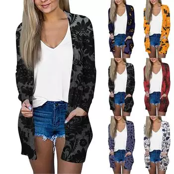 Хэллоуин пальто женская мода винтажный принт средней длины кардиган куртка пальто L