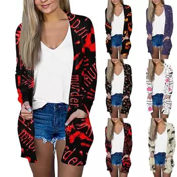 Хэллоуин пальто женская мода винтажный принт средней длины кардиган куртка пальто XXXL красный