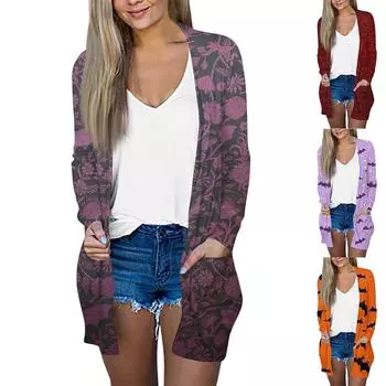 Хэллоуин пальто женская мода винтажный принт средней длины кардиган куртка пальто L