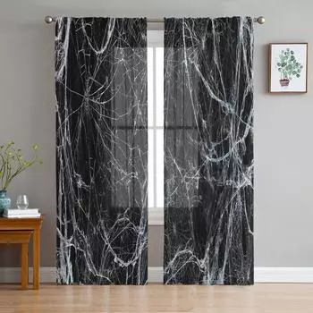 Хэллоуин паукообразный шелк паутина черный фон тюль занавески гостиная спальня прозрачный декор шифон вуаль кухонные шторы на окна W135 x H114cm