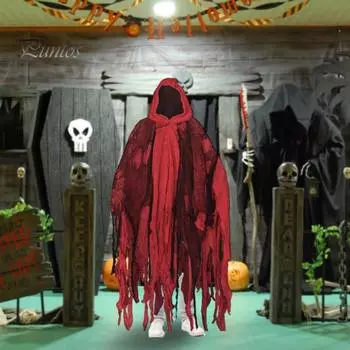 Хэллоуин плащ с капюшоном косплей костюм длинная накидка волшебника с нерегулярной сеткой дом с привидениями NPC реквизит поставки Хэллоуина темно-зеленого