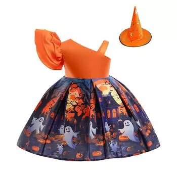 Хэллоуин Платье для девочек с принтом Платье для ролевой игры Ведьмы Косплей Костюм Маскарадный костюм 110 шафрановый