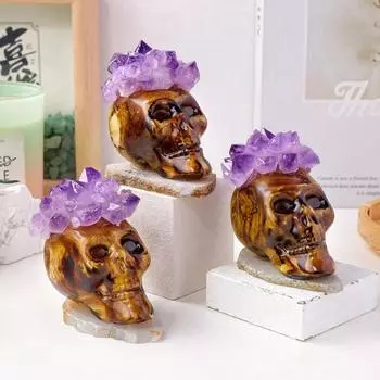 Хэллоуин Поддельный Аметистовый Череп Статуэтка Исцеление Натуральный Камень Вырезанный вручную Искусственный Кристалл Мини Череп Статуэтка Украшение Домашнего Офиса Рабочего Стола Орнамент белый