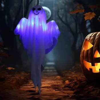 Хэллоуин подвесное украшение-призрак светящийся белый призрак с гирляндой для использования в помещении и на открытом воздухе фиолетовый