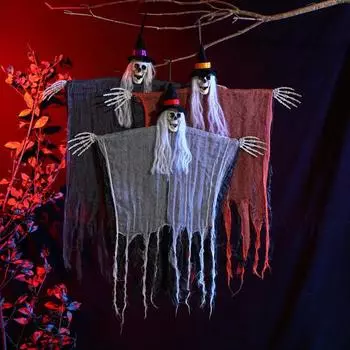 Хэллоуин Подвесной Череп Реалистичный Череп Призрак Украшение с Длинными Волосами Подвижная Проволока чёрный