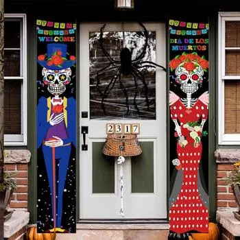 Хэллоуин Подвесной занавес на дверь Баннер Мексиканский День мертвых Вечеринка Знак на крыльце Домашние приветственные знаки Декор для вечеринки Товары для вечеринки