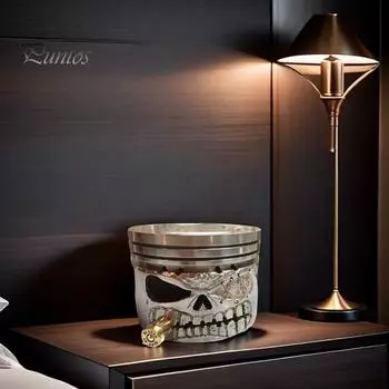 Хэллоуин Поршень Череп Лицо Скульптура Гаечный ключ Цепь Череп Статуэтка из смолы Статуя Домашний офис Украшение рабочего стола Фестивальный орнамент для вечеринки D