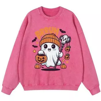 Хэллоуин Привидение Брух Женский Винтажный Свитшот из Вареного Хлопка Модный Пуловер с Круглым Вырезом Осенний Тонкий Стиль Свободные Топы S