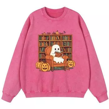 Хэллоуин Привидение Читающая Девушка Винтажная Стирка Хлопок Тонкий стиль Свитшот Уличный Круглый вырез Мягкий Пуловер Осень Оверсайз S
