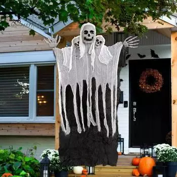 Хэллоуин Призрачные Подвесные Украшения Висячий Скелет-Призрак с 3 Головами Черепа Светящиеся Глаза Жуткий Пронзительный Звук Страшное Украшение Призрака Хэллоуина чёрный