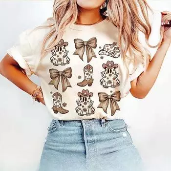 Хэллоуин Призрачный бант Высокие каблуки 3D-принт Футболки Женская уличная одежда Повседневная мода Y2k O-образный вырез Футболки Топы Одежда S бежевый