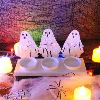 Хэллоуин Призрачный Подсвечник Жуткий Три Призрака Чайная Подставка Для Свечи Металлический Подсвечник Украшение Стола Центральная Часть Настольного Орнамента белый