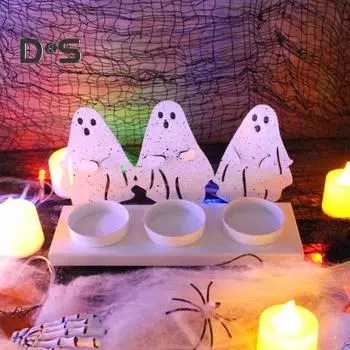 Хэллоуин Призрачный Подсвечник Жуткий Три Призрака Чайная Подставка Для Свечи Металлический Подсвечник Украшение Стола Центральная Часть Настольного Орнамента белый