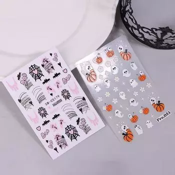 Хэллоуин Призрак 3D Наклейка для ногтей Паутина Тыква Череп Мультфильм Французский маникюр Diy 3D Милое праздничное украшение для ногтей