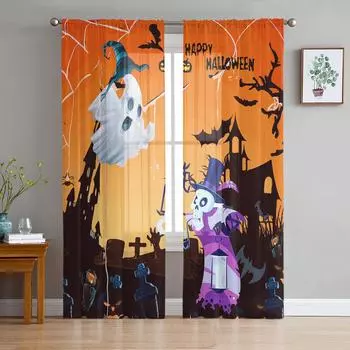 Хэллоуин призрак череп надгробие прозрачные шторы украшения для окон дома вуаль тюлевые шторы для гостиной спальни кухни W135 x H115cm x1