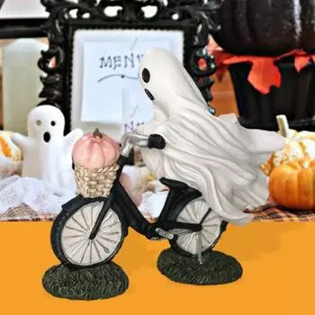 Хэллоуин призрак и розовая тыква украшения милый призрак езда на велосипеде статуя жуткая смола настольная фигурка