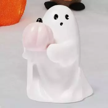 Хэллоуин Призрак Розовая Тыква Фигурка Жуткий Белый Призрак Держащий Летучую Мышь Статуя Из Смолы Скульптура Внутреннее Уличное Настольное Украшение Орнамент A