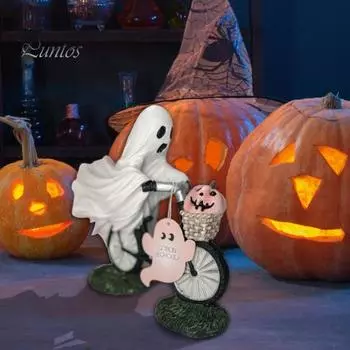 Хэллоуин Призрак Розовая Тыква Фигурка Жуткий Велосипедный Велосипед Белый Призрак Статуя Из Смолы Скульптура Внутреннее Уличное Настольное Украшение Орнамент 1pc