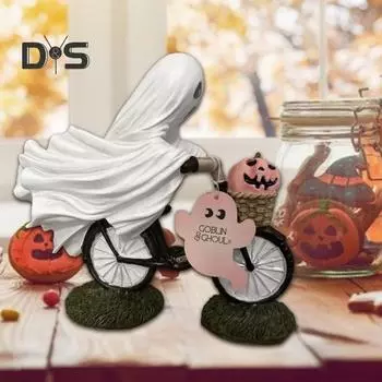 Хэллоуин Призрак Розовая Тыква Фигурка Жуткий Велосипедный Велосипед Белый Призрак Статуя Из Смолы Скульптура Внутреннее Уличное Настольное Украшение Орнамент 1pc