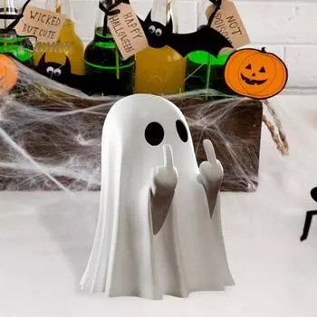 Хэллоуин Призрак Средний палец Фигурка Жуткий мультфильм Маленький призрак Статуэтка из смолы Скульптура Домашний офис Украшение рабочего стола Праздничный орнамент для вечеринки C