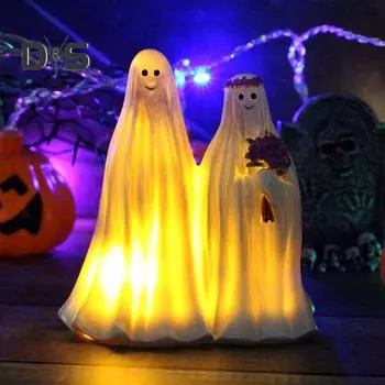 Хэллоуин Призрак Жених Невеста Статуэтка Ночной Светильник Жуткий Светящийся Призрак Статуя Из Смолы Скульптура Внутреннее Уличное Садовое Настольное Украшение Орнамент белый