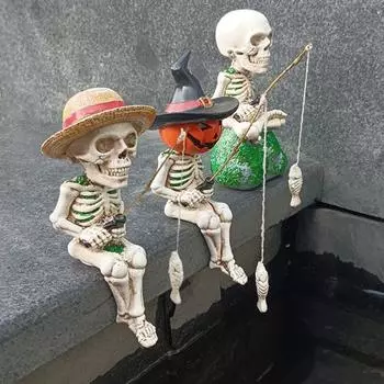 Хэллоуин Рыболовный Скелет Фигурка Жуткий Сидящий Тыквенная Голова Скелет Статуэтка Из Смолы Скульптура Садовый Пруд На Открытом Воздухе A