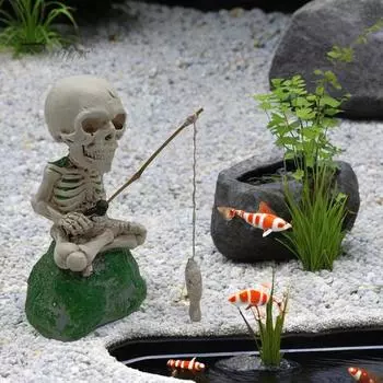 Хэллоуин Рыболовный Скелет Фигурка Жуткий Сидящий Тыквенная Голова Скелет Статуя Скульптуры Открытый Сад Пруд Фонтан Украшение Стороны Бассейна A