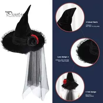 Хэллоуин Шляпа Ведьмы Готический Темный Стиль Сетка 3D Поддельный Цветочный Декор Рюшами Край Острый Косплей Нарядные Аксессуары Опора Карнавальный Головной Убор чёрный