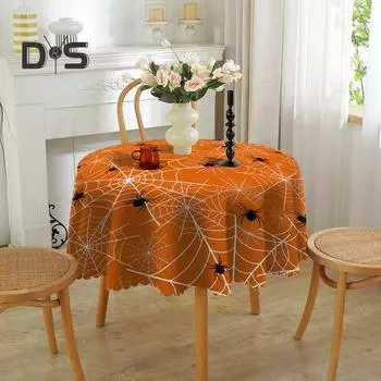 Хэллоуин Скатерть Паутина Тыква Ведьма Принт Цветочный Край Круглая Форма Легкий Уход Защита Стола Банкеты Украшение Партии Скатерть H