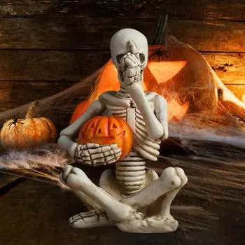 Хэллоуин Скелет, держащий тыкву, жуткая сидящая скульптура из смолы, череп, скульптура для дома и улицы